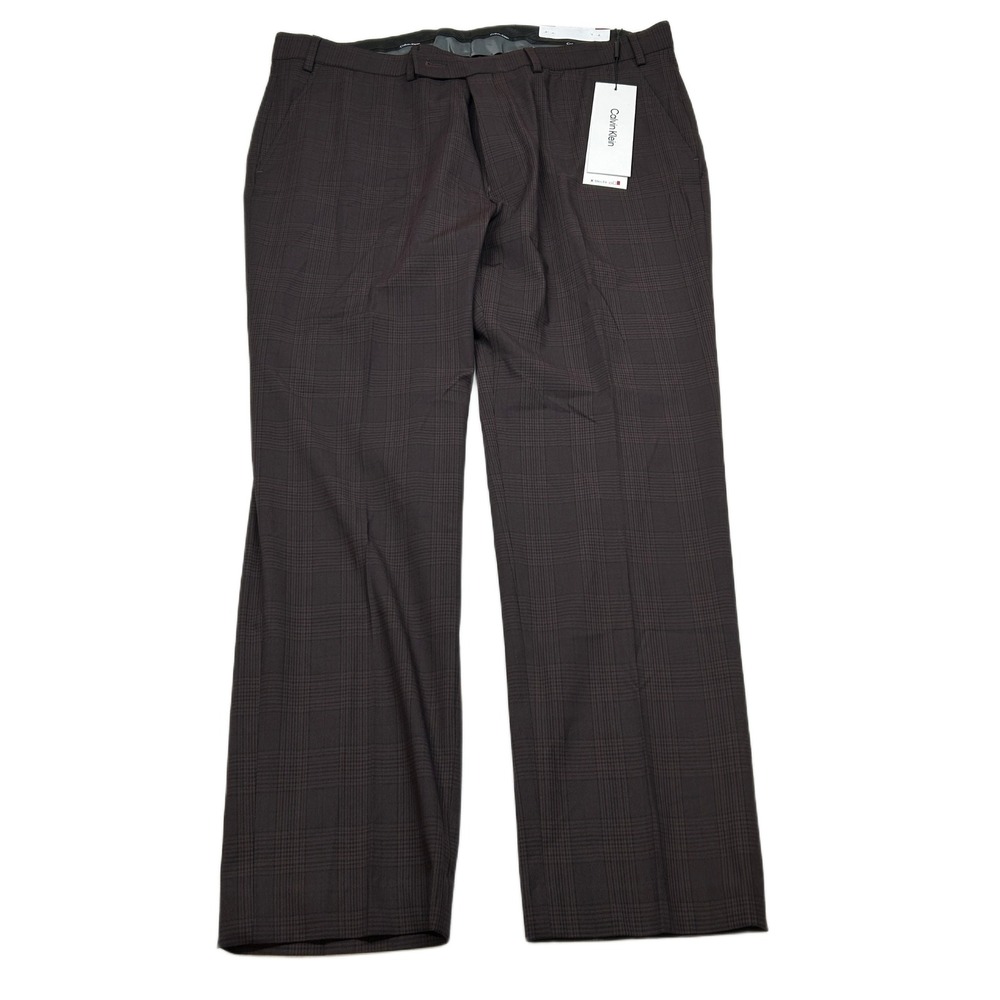 Calvin Klein Slim Fit‎ Dress Pants Mens 40x30 Red Wine Plaid Stretch NEW